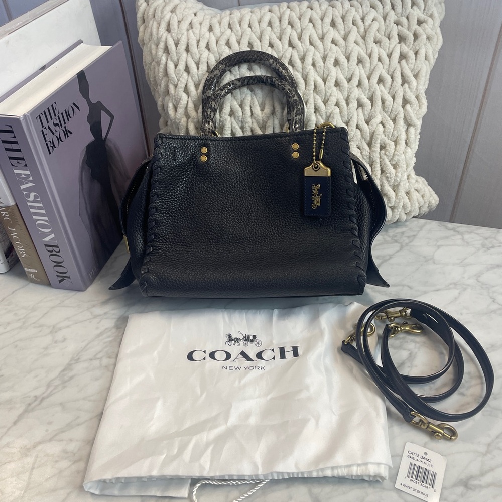 Coach Black Leather Satchel with Snake-Print Top Handles size 25
